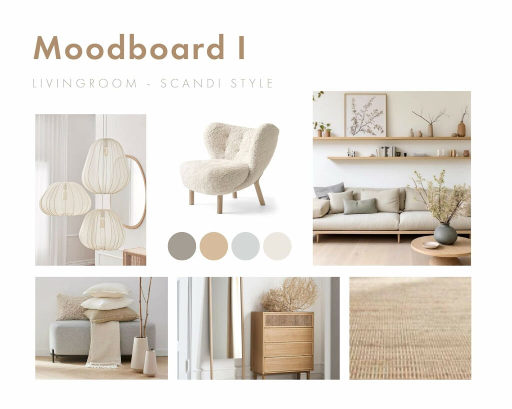 ein Moodboard für ein Wohnzimmer im Scandi Stil