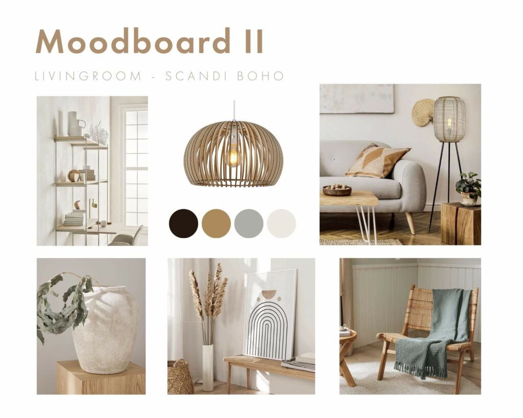 ein Moodboard für ein Wohnzimmer im Scandi Boho Stil